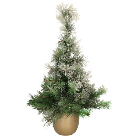Kunst kerstboom/kunstboompje met sneeuw in gouden pot 75 cm