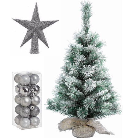 Artificial christmas tree with snow 35 cm with silver decoration 21-pieces