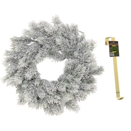 Kunst kerstkrans groen/sneeuw 35 cm met gouden hanger