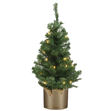 Kunstboom/kunst kerstboom groen 60 cm met verlichting en gouden pot