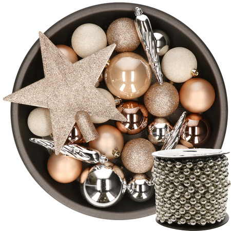 Kunststof kerstballen 33x st bruin-wit-zilver met piek en kralenslinger zilver