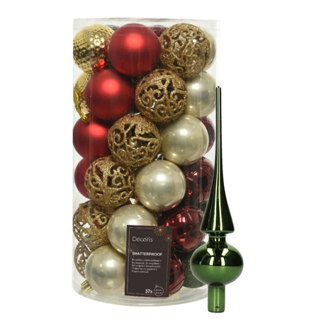 Christmas baubles 37x pcs - red/gold/pearl/green - and glass topper green
