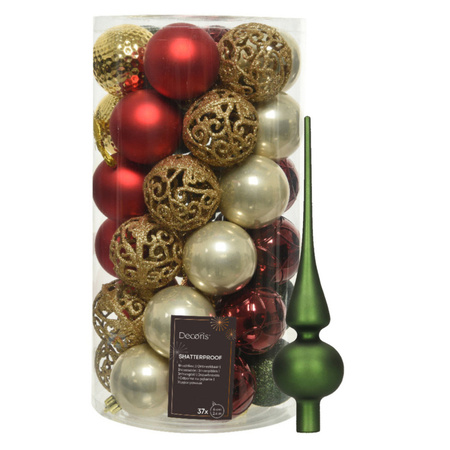Kunststof kerstballen 37x st - rood/goud/parel/groen - 6 cm - met glazen piek groen