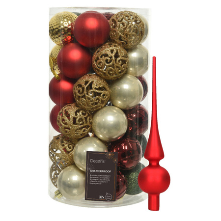 Christmas baubles 37x pcs - red/gold/pearl/green - and glass topper gold
