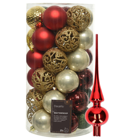 Kunststof kerstballen 37x st - rood/goud/parel/groen - 6 cm - met glazen piek rood