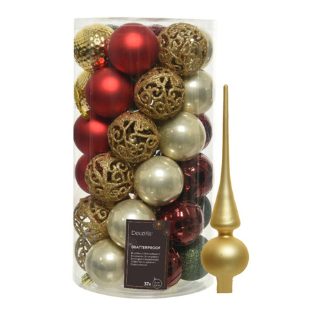 Kunststof kerstballen 37x st - rood/goud/parel/groen - 6 cm - met glazen piek
