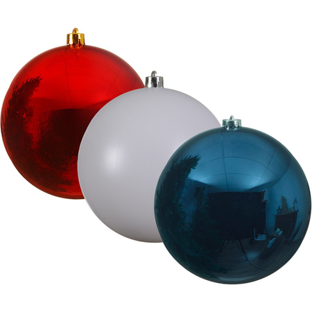 Kunststof kerstballen 3x stuks rood-wit-blauw 14 cm