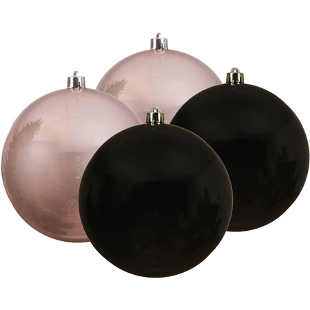 Plastic christmas baubles 4x pcs black and light pink 14 cm