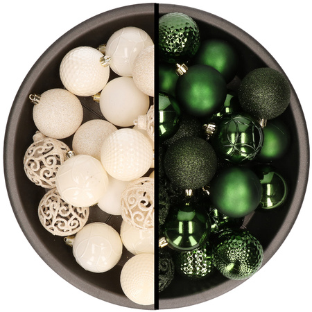 Kunststof kerstballen 74x stuks wol wit en donkergroen 6 cm