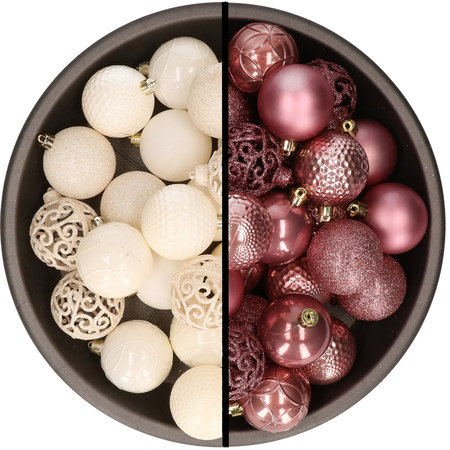 Kunststof kerstballen 74x stuks wol wit en oudroze 6 cm