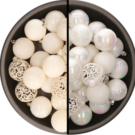 Kunststof kerstballen 74x stuks wol wit en parelmoer 6 cm