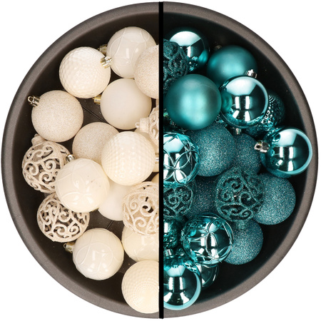 Kunststof kerstballen 74x stuks wol wit en turquoise blauw 6 cm