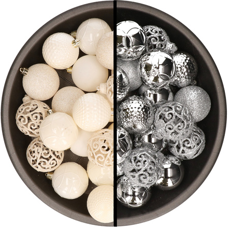 Kunststof kerstballen 74x stuks wol wit en zilver 6 cm