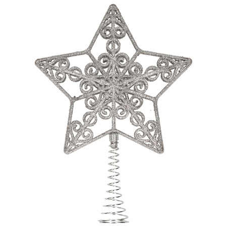 Plastic christmas tree open star tree topper glitter silver 20 cm