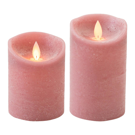 LED kaarsen/stompkaarsen - set 2x - antiek/oud roze - H10 en H12,5 cm - bewegende vlam