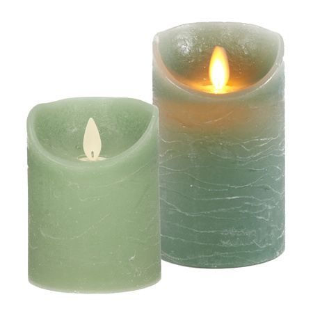 LED kaarsen/stompkaarsen - set 2x - jade groen - H10 en H12,5 cm - bewegende vlam