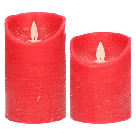 LED kaarsen/stompkaarsen - set 2x - rood - H10 en H12,5 cm - bewegende vlam