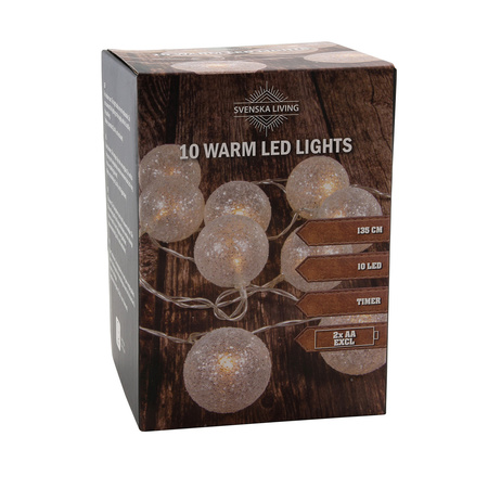 Lightrope with 10 white glitter balls warm white on battery 135 cm