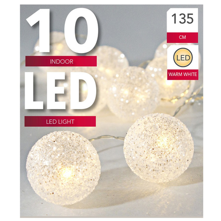 Lightrope with 10 white glitter balls warm white on battery 135 cm