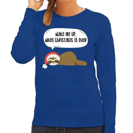 Luiaard Kerstsweater / outfit Wake me up when christmas is over blauw voor dames