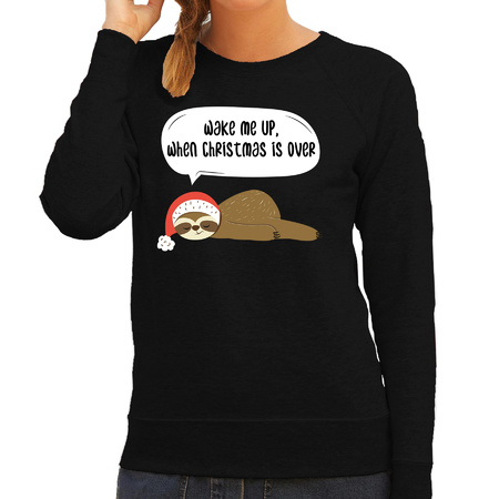 Luiaard Kerstsweater / outfit Wake me up when christmas is over zwart voor dames