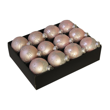 Luxe gedecoreerde kerstballen - 12x st - lichtroze - 7,5 cm - glas
