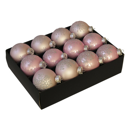 Luxe gedecoreerde kerstballen - 12x st - lichtroze - glas - 7,5 cm