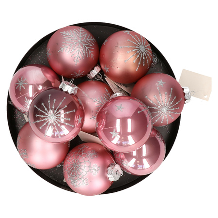 Luxe gedecoreerde kerstballen - 12x st - lichtroze - glas - 7,5 cm