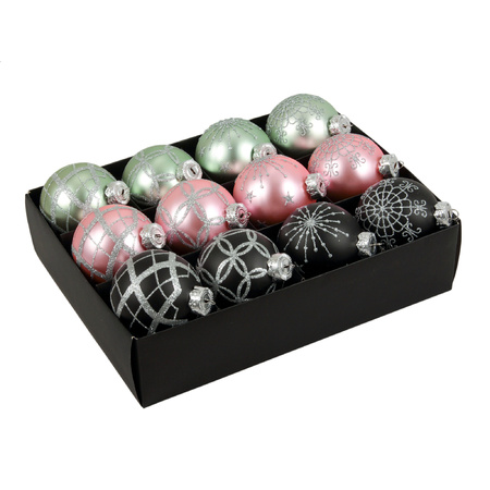 Luxe gedecoreerde kerstballen - 12x st - mintgroen/lichtroze/bruin - 7,5 cm