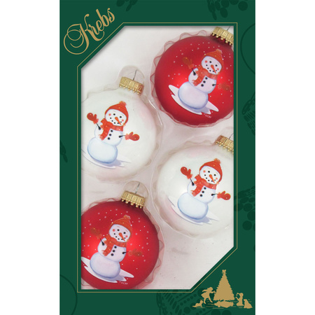 Luxe gedecoreerde kerstballen - 4x st - rood/wit - 7 cm - glas - sneeuwpop