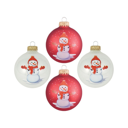 Luxe gedecoreerde kerstballen - 4x st - rood/wit - 7 cm - glas - sneeuwpop