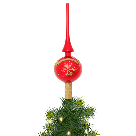 Luxury glass red tree topper with gold glitter snowflake 28 cm
