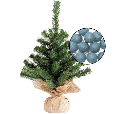 Mini kerstboom groen - met verlichting bollen blauw - H45 cm 