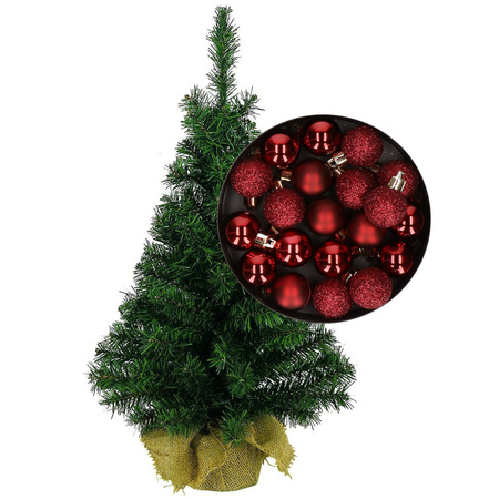 Mini kerstboom/kunst kerstboom H35 cm inclusief kerstballen donkerrood