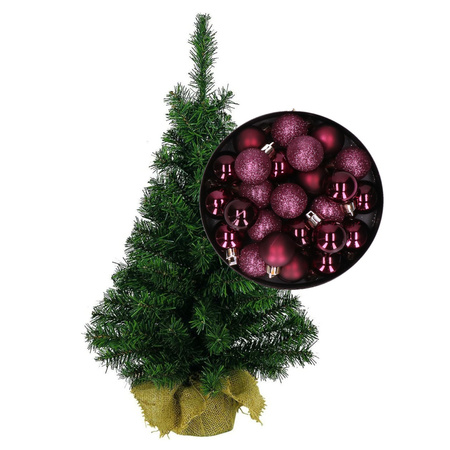 Mini kerstboom/kunst kerstboom H75 cm inclusief kerstballen aubergine paars