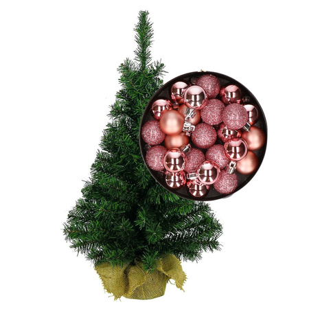 Mini kerstboom/kunst kerstboom H75 cm inclusief kerstballen roze