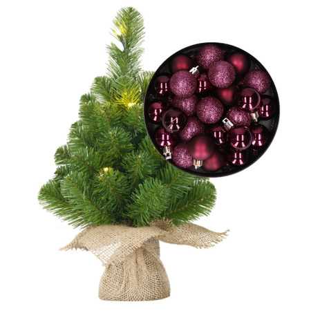 Mini christmas tree 45 cm including lights and christmas baubles aubergine purple