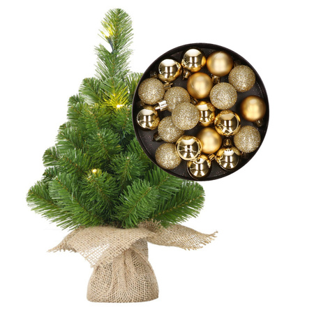 Mini christmas tree 45 cm including lights and christmas baubles gold