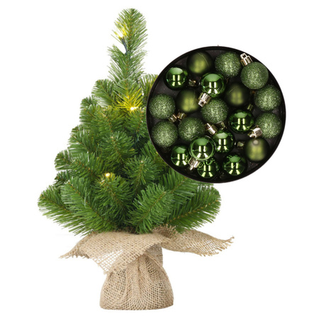 Mini christmas tree 45 cm including lights and christmas baubles green