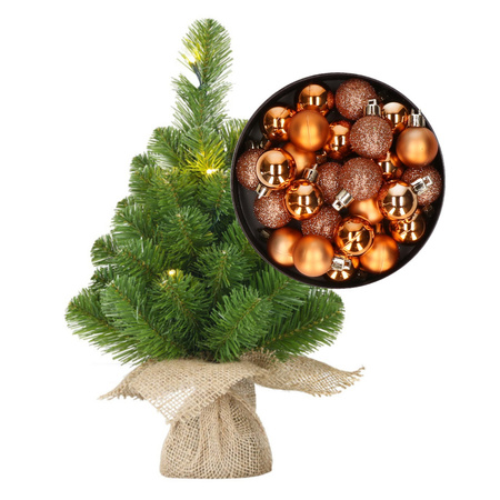 Mini christmas tree 45 cm including lights and christmas baubles copper