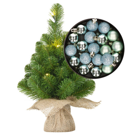 Mini christmas tree 45 cm including lights and christmas baubles mint green