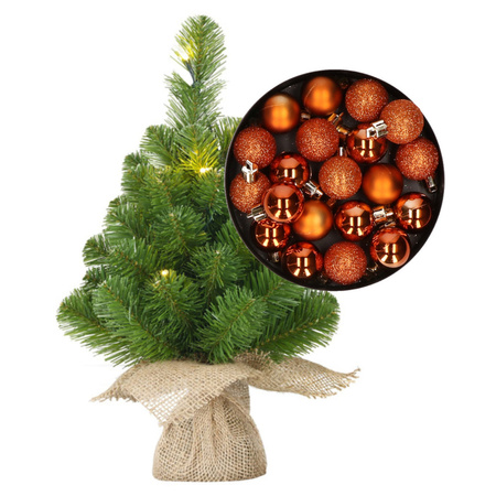 Mini christmas tree 45 cm including lights and christmas baubles oranje