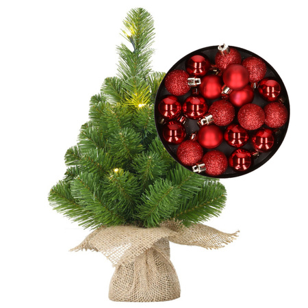 Mini christmas tree 45 cm including lights and christmas baubles red