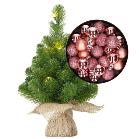 Mini christmas tree 45 cm including lights and christmas baubles pink 