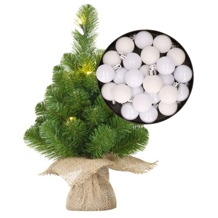 Mini christmas tree 45 cm including lights and christmas baubles white