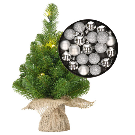 Mini christmas tree 45 cm including lights and christmas baubles silver