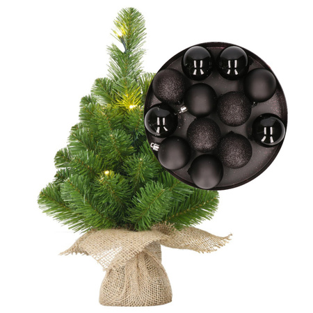 Mini christmas tree 45 cm including lights and christmas baubles black