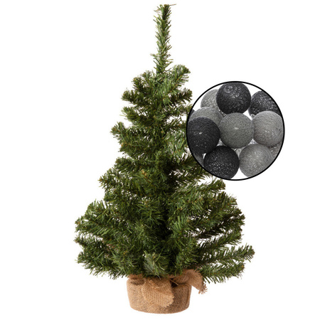 Mini kunst kerstboom groen - met verlichting bollen zwart/grijs - H60 cm