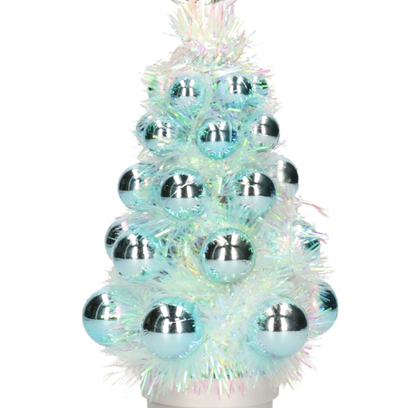 Mini kunst kerstboompje turquoise blauw met kerstballen 19 cm