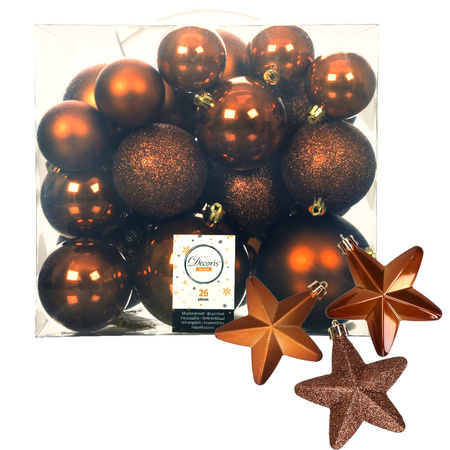 Pakket 32x stuks kunststof kerstballen en sterren ornamenten kaneel bruin